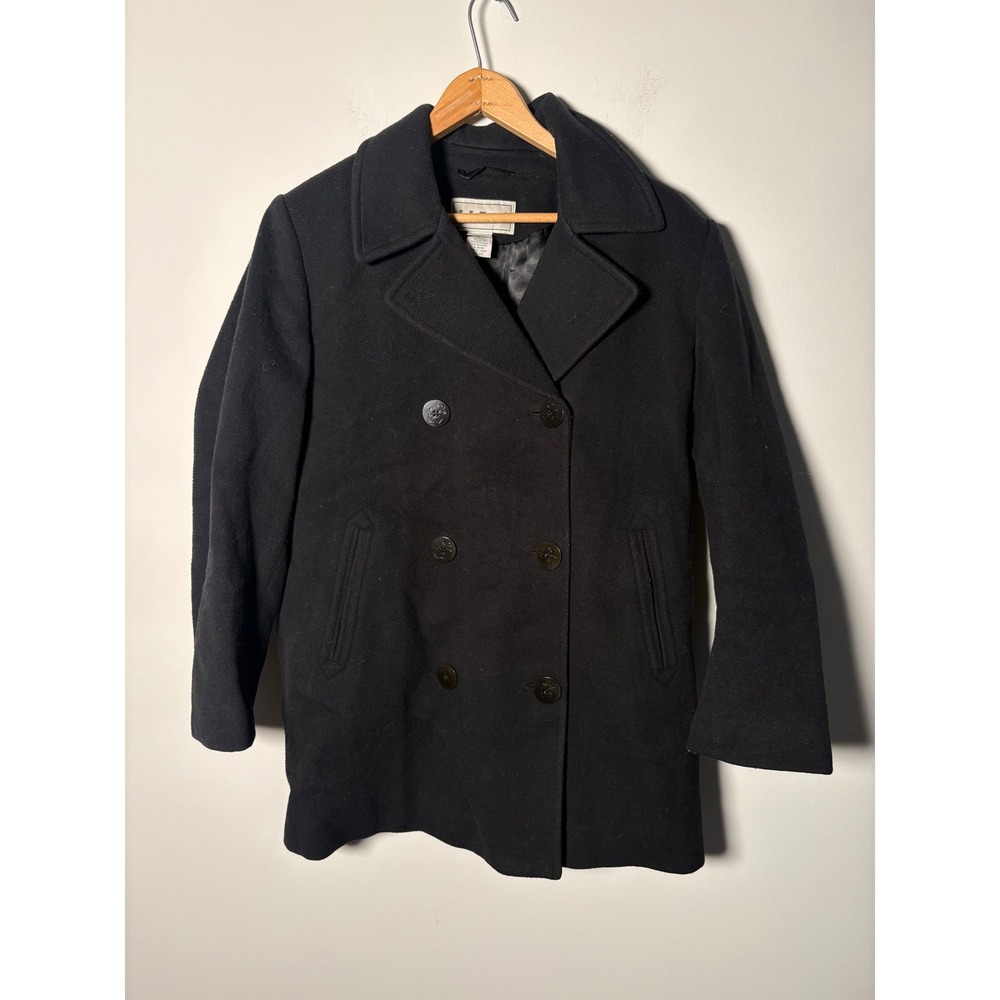LL Bean Womens Black Wool Cashmere Blend Double Breasted Pea Coat Size 6 Regular